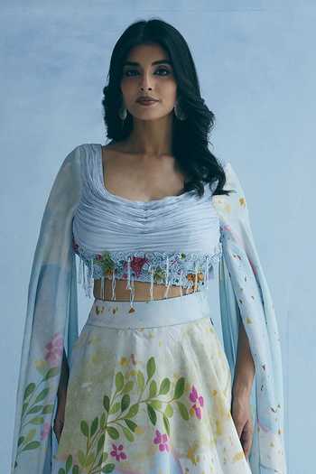 Buy_Meher By Islie_Blue Silk Scoop Neck Draped Blouse And Printed Lehenga Set 