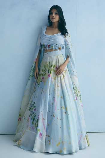 Shop_Meher By Islie_Blue Silk Scoop Neck Draped Blouse And Printed Lehenga Set 