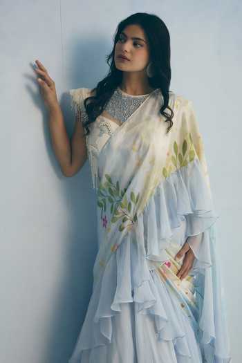 Meher By Islie Blue Silk Round Neck Ruffle Pre-draped Saree With Blouse at Aza Fashions Meher By Islie_Blue Silk Round Neck Ruffle Pre-draped Saree With Blouse _at_Aza_Fashions