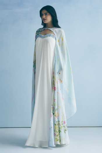 Meher By Islie_Ivory Silk Embroidery Sweetheart , High Cape With Gown _Online_at_Aza_Fashions