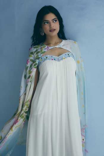 Buy_Meher By Islie_Ivory Silk Embroidery Sweetheart , High Cape With Gown _Online_at_Aza_Fashions