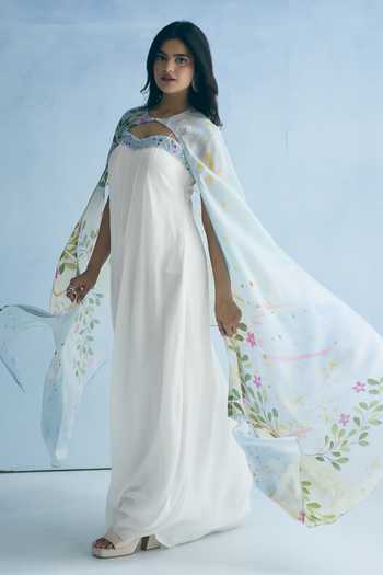 Shop_Meher By Islie_Ivory Silk Embroidery Sweetheart , High Cape With Gown _Online_at_Aza_Fashions