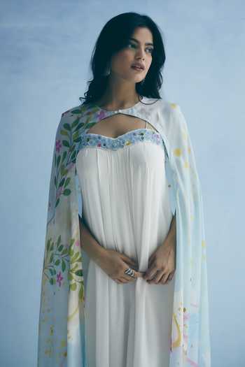 Meher By Islie_Ivory Silk Embroidery Sweetheart , High Cape With Gown _at_Aza_Fashions