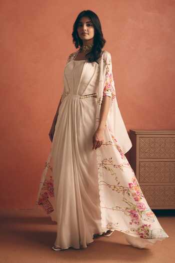 Meher By Islie_Ivory Crepe Square Neck Draped Maxi Dress With Cape _Online_at_Aza_Fashions