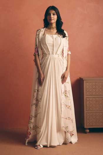 Buy_Meher By Islie_Ivory Crepe Square Neck Draped Maxi Dress With Cape _Online_at_Aza_Fashions