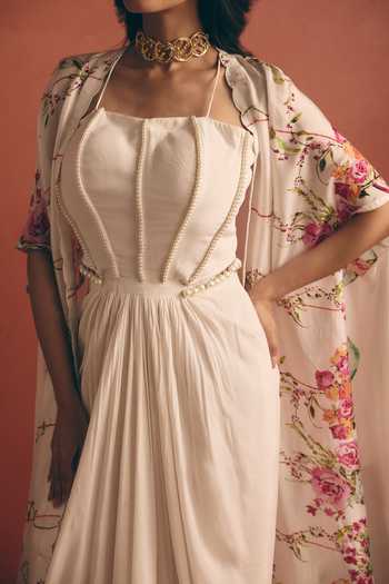 Shop_Meher By Islie_Ivory Crepe Square Neck Draped Maxi Dress With Cape _Online_at_Aza_Fashions