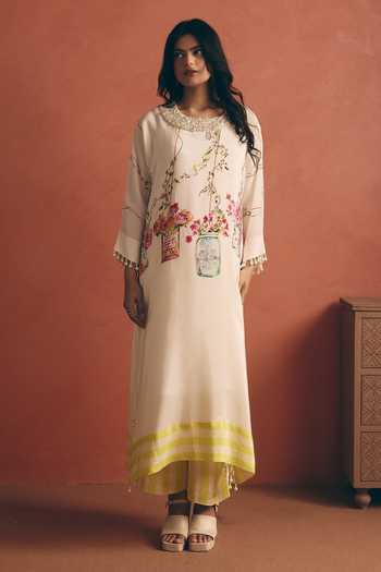 Shop_Meher By Islie_Ivory Crepe Round Neck, Yes Pearl Embellished Kurta And Pant Set _Online_at_Aza_Fashions