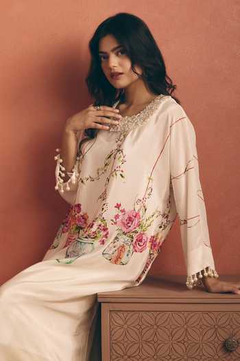 Meher By Islie_Ivory Crepe Round Neck, Yes Pearl Embellished Kurta And Pant Set _at_Aza_Fashions