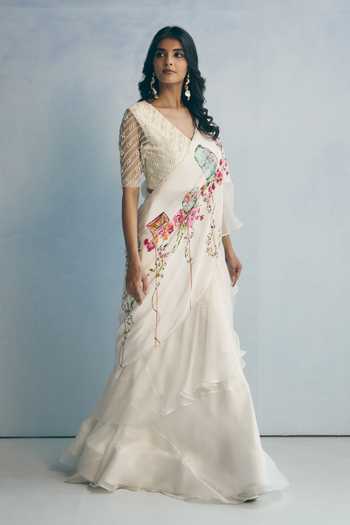 Meher By Islie Printed Pre-Draped Saree With Embroidered Blouse 