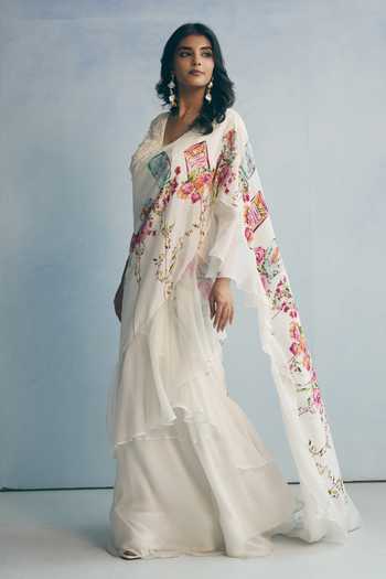 Meher By Islie_Ivory Crepe V-neck Printed Pre-draped Saree With Embroidered Blouse _Online_at_Aza_Fashions
