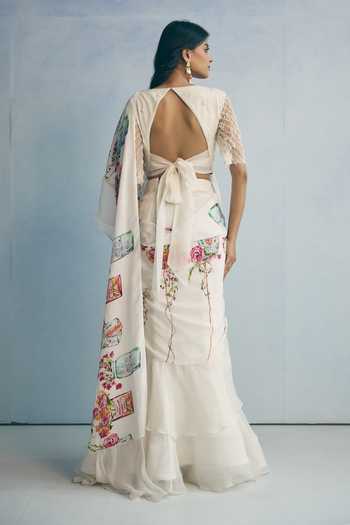 Meher By Islie Printed Pre-Draped Saree With Embroidered Blouse 