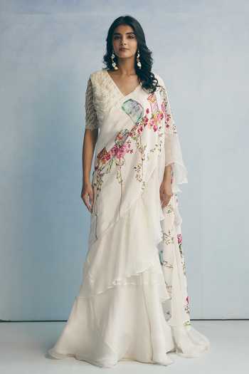 Buy_Meher By Islie_Ivory Crepe V-neck Printed Pre-draped Saree With Embroidered Blouse _Online_at_Aza_Fashions