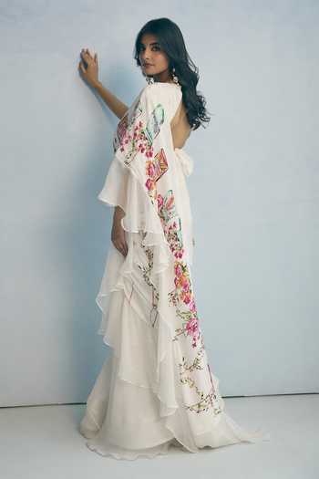 Shop_Meher By Islie_Ivory Crepe V-neck Printed Pre-draped Saree With Embroidered Blouse _Online_at_Aza_Fashions