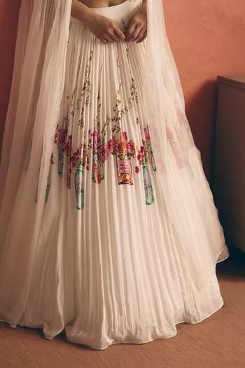 Meher By Islie_Ivory Crepe Sweetheart Neck Rose Print Lehenga Set _Online_at_Aza_Fashions