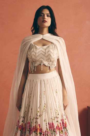 Buy_Meher By Islie_Ivory Crepe Sweetheart Neck Rose Print Lehenga Set _Online_at_Aza_Fashions