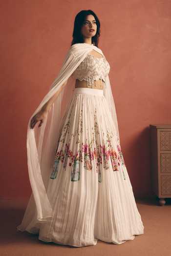 Shop_Meher By Islie_Ivory Crepe Sweetheart Neck Rose Print Lehenga Set _Online_at_Aza_Fashions