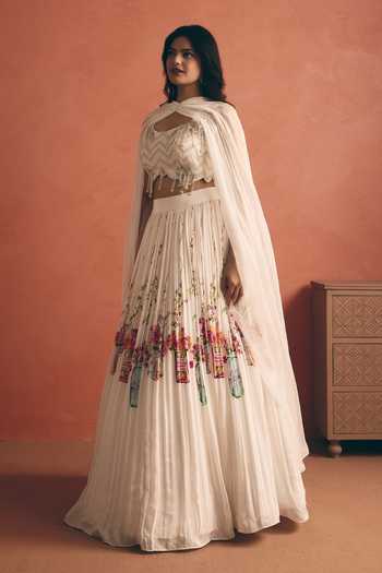 Meher By Islie_Ivory Crepe Sweetheart Neck Rose Print Lehenga Set _at_Aza_Fashions