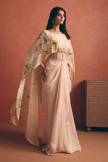Meher By Islie_Ivory Silk Tassels Boat Neck Gathered Saree Gown _Online_at_Aza_Fashions