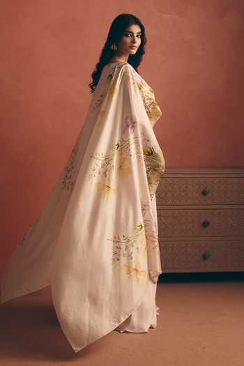 Buy_Meher By Islie_Ivory Silk Tassels Boat Neck Gathered Saree Gown _Online_at_Aza_Fashions