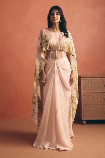 Shop_Meher By Islie_Ivory Silk Tassels Boat Neck Gathered Saree Gown _Online_at_Aza_Fashions