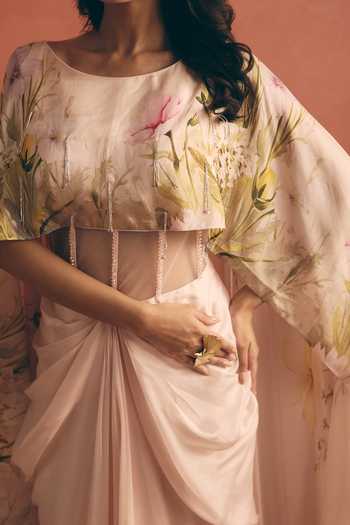 Meher By Islie_Ivory Silk Tassels Boat Neck Gathered Saree Gown _at_Aza_Fashions