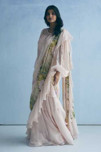 Meher By Islie_Pink Silk Round Neck Printed Pre-draped Saree With Blouse _Online_at_Aza_Fashions