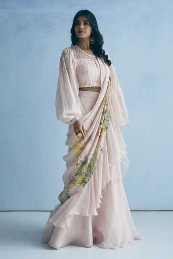 Buy_Meher By Islie_Pink Silk Round Neck Printed Pre-draped Saree With Blouse _Online_at_Aza_Fashions