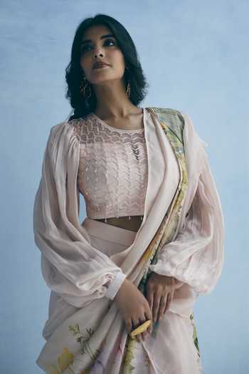 Shop_Meher By Islie_Pink Silk Round Neck Printed Pre-draped Saree With Blouse _Online_at_Aza_Fashions