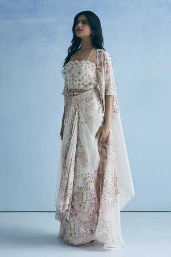 Meher By Islie_Ivory Silk Sweetheart Neck Embroidered Cape Skirt Set _Online_at_Aza_Fashions