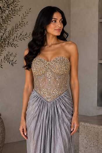 Nivedita Saboo_Silver Pearls, Zari, Crystals, Stones Draped Metallic Skirt And Corset Set _Online_at_Aza_Fashions