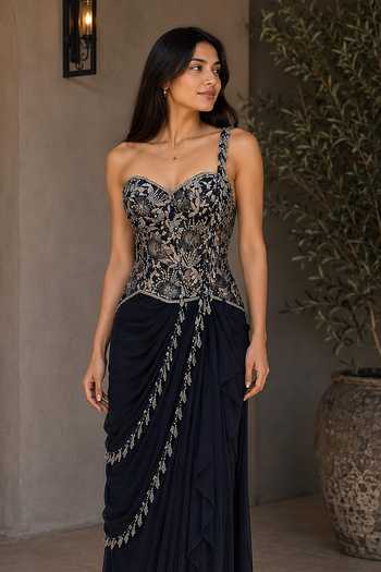 Nivedita Saboo_Navy Georgette, Net Sequins, Beads, Stones, Crystals, Draped Saree With Corset _Online_at_Aza_Fashions