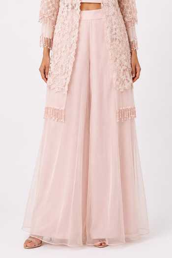 Nivedita Saboo_Peach Organza, Net Open , Bandeau Sheer Embroidered Shrug Set _Online_at_Aza_Fashions