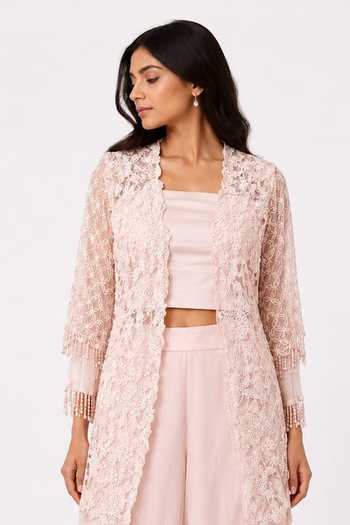 Buy_Nivedita Saboo_Peach Organza, Net Open , Bandeau Sheer Embroidered Shrug Set _Online_at_Aza_Fashions