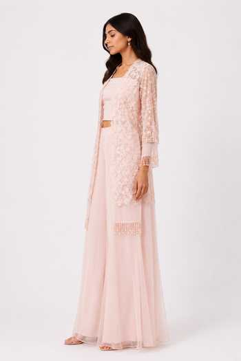Shop_Nivedita Saboo_Peach Organza, Net Open , Bandeau Sheer Embroidered Shrug Set _Online_at_Aza_Fashions