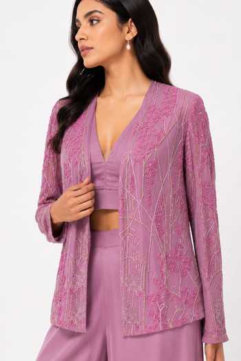Nivedita Saboo_Mauve Georgette, Crepe, Satin V-, Plunge Embroidered Shrug Pant Set _Online_at_Aza_Fashions