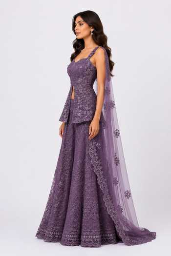 Nivedita Saboo_Purple Net Sweetheart Neck Embroidered Front Slit Top Set _Online_at_Aza_Fashions