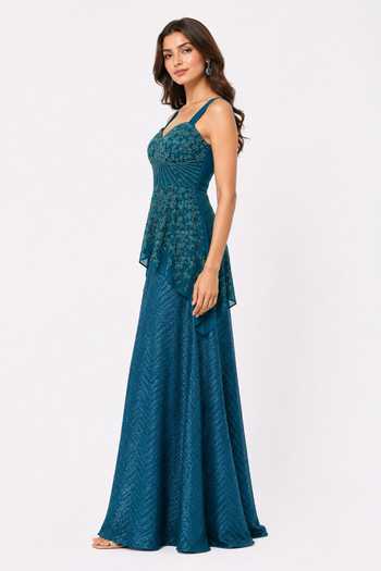 Nivedita Saboo_Teal Net Sweetheart Neck Embroidered Asymmetric Top Lehenga Set _Online_at_Aza_Fashions