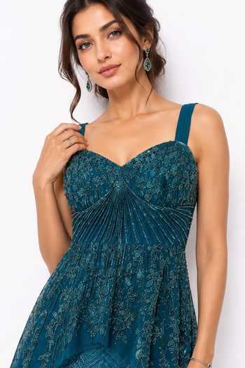 Buy_Nivedita Saboo_Teal Net Sweetheart Neck Embroidered Asymmetric Top Lehenga Set _Online_at_Aza_Fashions