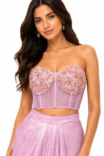 Nivedita Saboo_Lilac Net, Metallic Sequins, Beads, Crystals, Fabric Draped Skirt With Corset _Online_at_Aza_Fashions