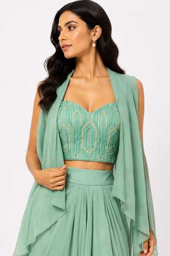 Nivedita Saboo_Green Crepe, Satin Open Neck, Sweetheart Draped Skirt And Asymmetric Shrug Set _Online_at_Aza_Fashions