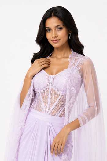 Nivedita Saboo_Lilac Georgette, Knit Embroidery, Cut Work Sweetheart Draped Skirt And Cape Set _Online_at_Aza_Fashions