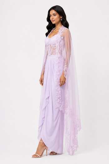 Buy_Nivedita Saboo_Lilac Georgette, Knit Embroidery, Cut Work Sweetheart Draped Skirt And Cape Set _Online_at_Aza_Fashions