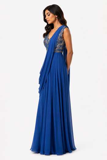 Nivedita Saboo_Blue Georgette Sequins, Beads, Stones Plunge Neck Draped Saree Gown _Online_at_Aza_Fashions