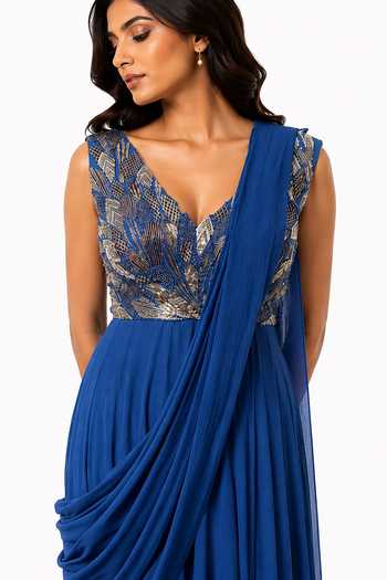 Buy_Nivedita Saboo_Blue Georgette Sequins, Beads, Stones Plunge Neck Draped Saree Gown _Online_at_Aza_Fashions