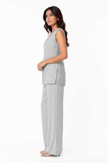 Nivedita Saboo_Grey Crepe, Satin V-neck Embroidered Top And Pant Set _Online_at_Aza_Fashions