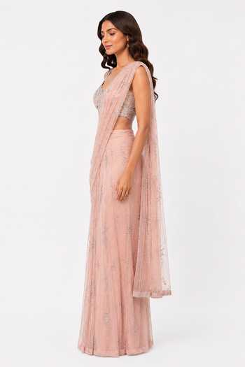 Nivedita Saboo_Pink Net Sweetheart Neck Embroidered Draped Saree And Bustier Set _Online_at_Aza_Fashions