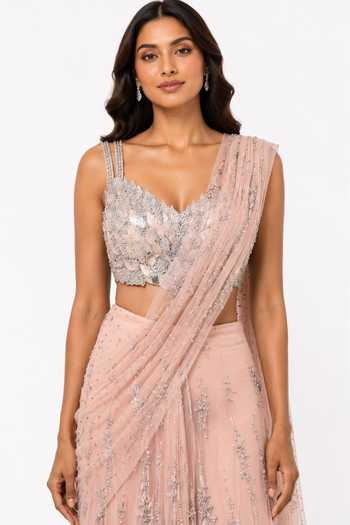 Buy_Nivedita Saboo_Pink Net Sweetheart Neck Embroidered Draped Saree And Bustier Set _Online_at_Aza_Fashions