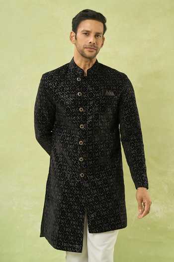 Buy_Arihant Rai Sinha_Black Velvet, Cotton Embroidery, Sequins Sherwani And Polo Pant Set 