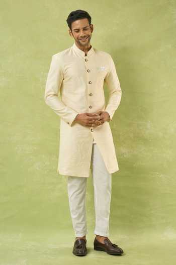 Arihant Rai Sinha Cream Silk, Polyester, Viscose Embroidery, Sequins Sherwani And Polo Pant Set Online at Aza Fashions Arihant Rai Sinha_Cream Silk, Polyester, Viscose Embroidery, Sequins Sherwani And Polo Pant Set _Online_at_Aza_Fashions