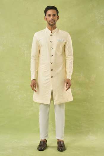 Shop Arihant Rai Sinha Cream Silk, Polyester, Viscose Embroidery, Sequins Sherwani And Polo Pant Set Online at Aza Fashions Shop_Arihant Rai Sinha_Cream Silk, Polyester, Viscose Embroidery, Sequins Sherwani And Polo Pant Set _Online_at_Aza_Fashions